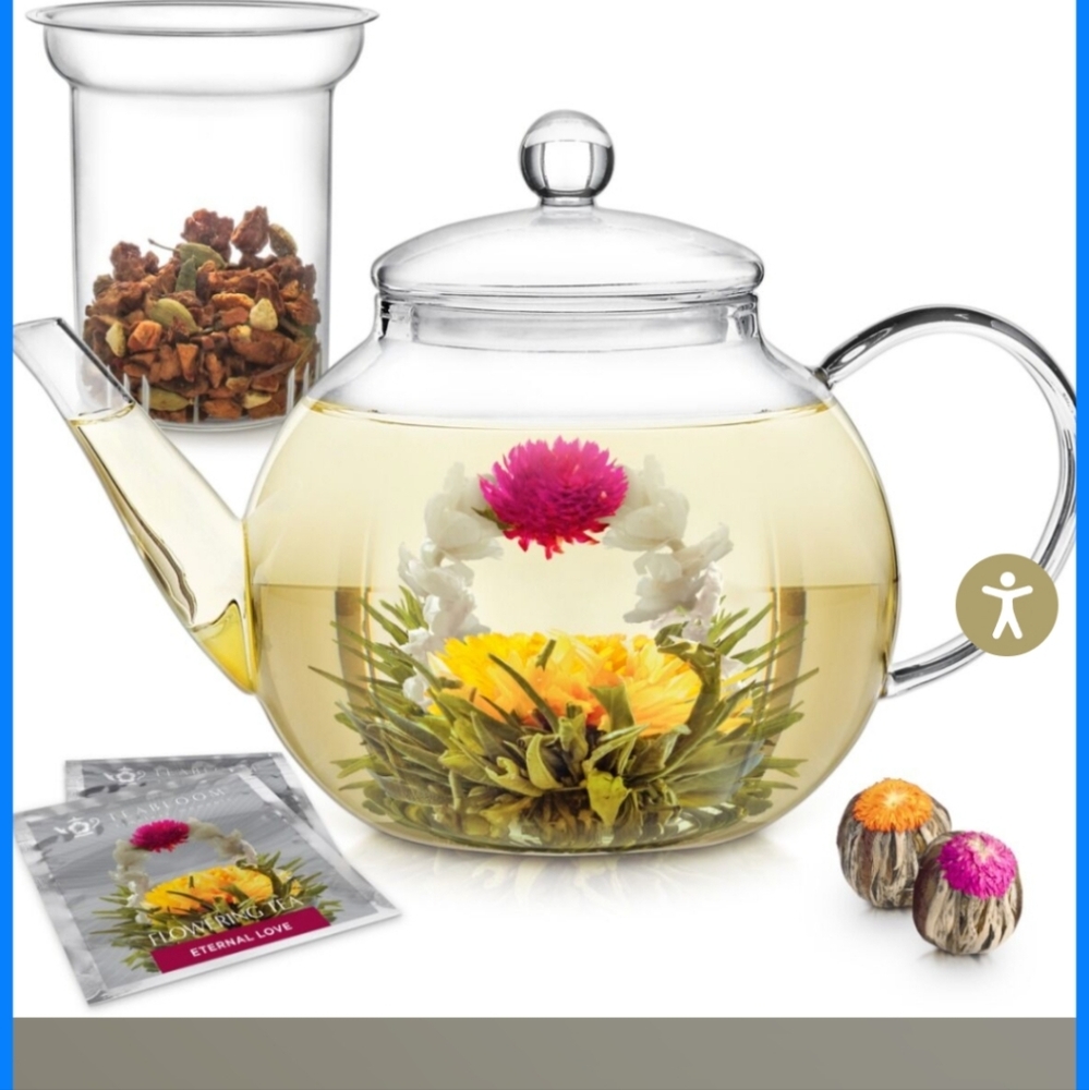 SOLD CROSSPOSTED Teabloom Celebration Teapot With FULL Canister of Teas